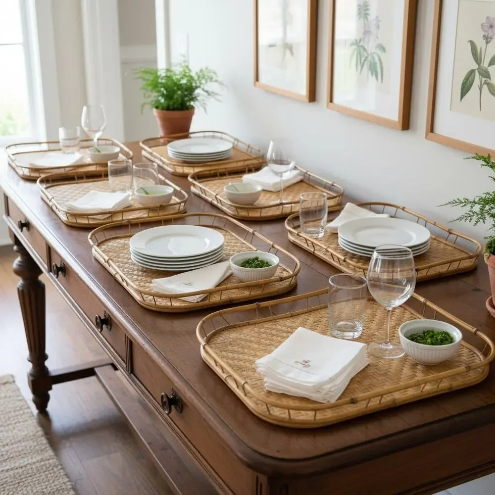 Vintage Bamboo Rattan Serving Trays-Set of 7-Woven-Tiki-Boho-MCM-60s-Coastal-Lap